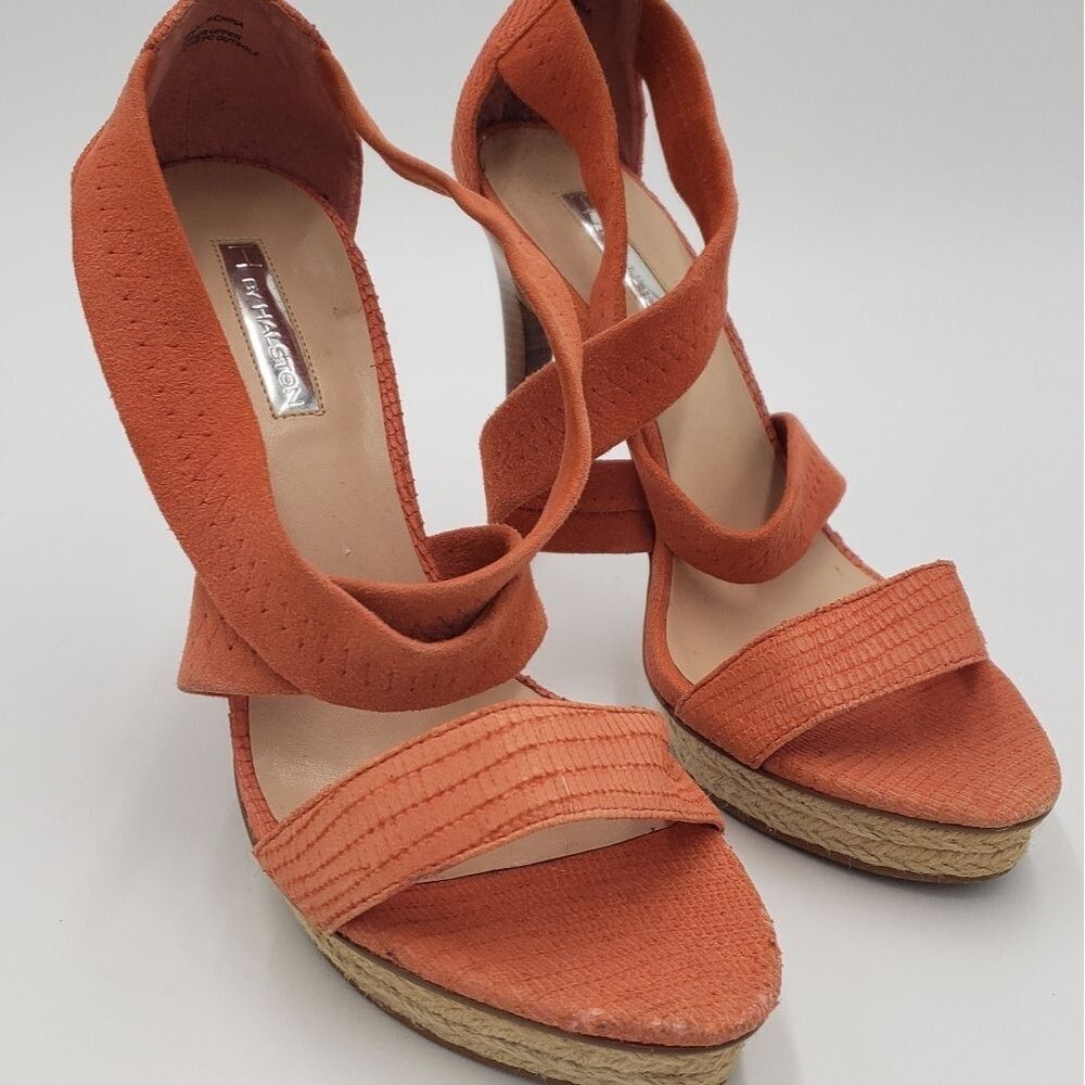 Halston Orange Espadrille Platform Pumps Size 10 - Picture 2 of 15